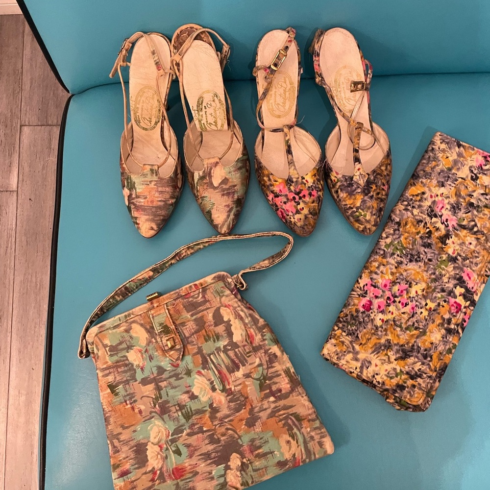 Vintage Dior 1920s Floral Print Shoes and Bag Set